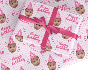 Pink Happy Birthday Personalised Face Wrapping Paper | Any Age Name Photo | Girls Womens For Her | First 1st 3rd 4th 5th 6th 13th 21st 30th