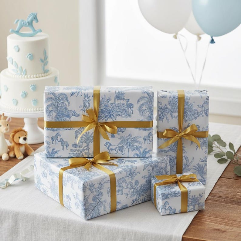 Baby Safari Toile Wrapping Paper | Blue Chinoiserie Gift Wrap | Neutral New Baby Shower Christening Present Wrap Bild 2