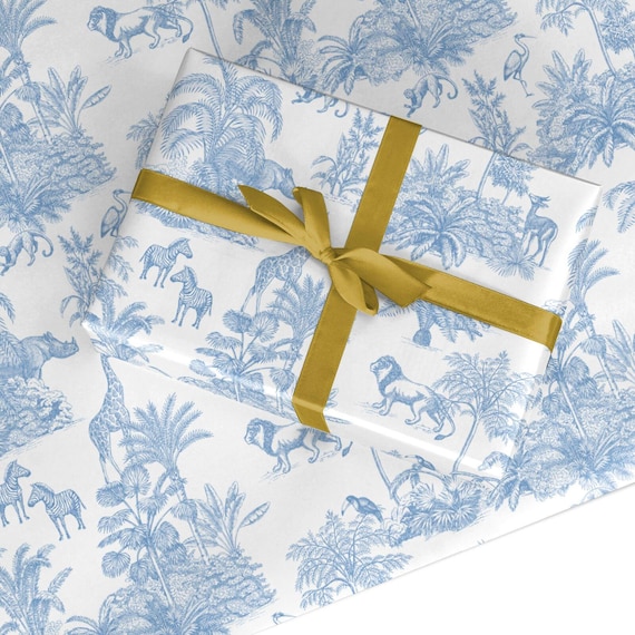 Baby Safari Toile Wrapping Paper | Blue Chinoiserie Gift Wrap | Neutral New Baby Shower Christening Present Wrap