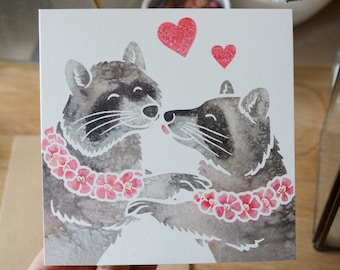 RACCOON greetings card / cute animal printed watercolour art design by York artist / anniversary, wedding, birthday, card for her, daughter