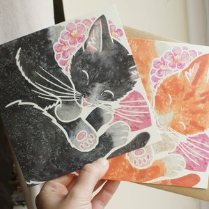 Carte de voeux CHAT / tabby noir et blanc ou roux / joli chaton endormi imprimé par une artiste animalière de York / anniversaire, mariage, pour elle