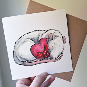 ホワイト PET FANCY RAT グリーティング カード / ヨークのアーティスト Jess Chappell によるプリント アート デザイン、記念日、結婚式、誕生日、彼女へのカード