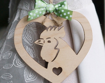 CHICKEN hen heart animal natural wooden ornament, perfect Easter or Christmas gift, can be used as a tree decoration