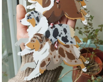 Cute AUSTRALIAN SHEPHERD Aussie dog handpainted natural wooden christmas tree decoration by York animal artist Jess Chappell, merle, tri, bi