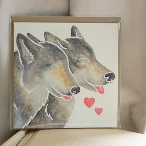 Carte de voeux LOUPS GRIS/BOIS / Adorable aquarelle de loups imprimé par l'artiste Yorkais J Chappell, anniversaire, mariage, pour elle