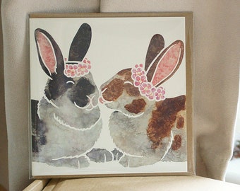 PET RABBIT cute bunny bunnies printed watercolour design card by York artist J Chappell, anniversary, wedding, for her, best friend