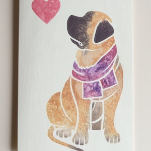 May include: A watercolor illustration of a brown dog wearing a purple scarf, sitting and looking up at a pink heart.