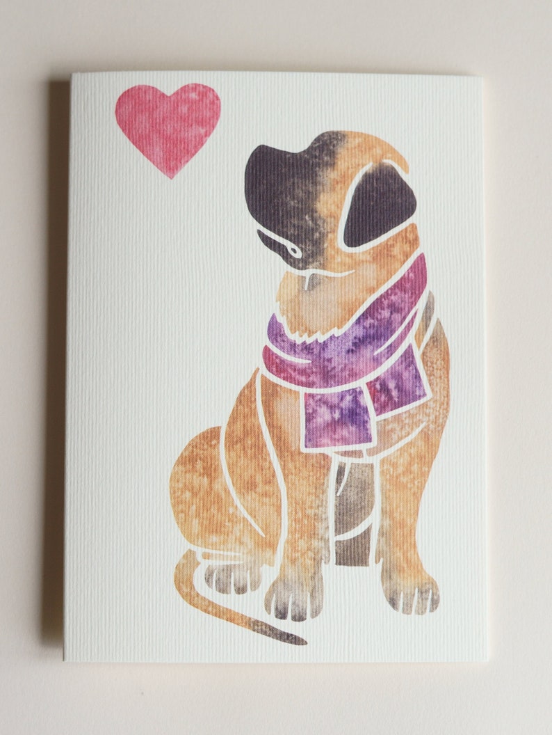 May include: A watercolor illustration of a brown dog wearing a purple scarf, sitting and looking up at a pink heart.