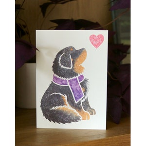 May include: A greeting card featuring a black and brown dog with a purple scarf looking up at a pink heart.