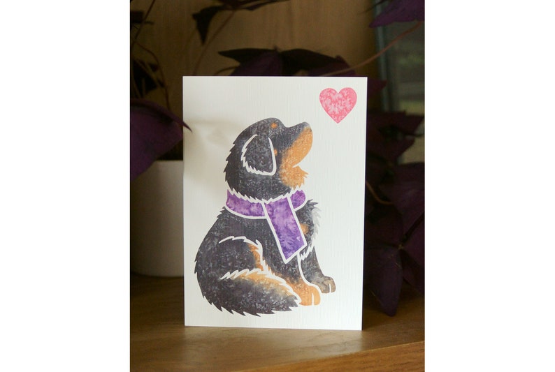 May include: A greeting card featuring a black and brown dog with a purple scarf looking up at a pink heart.