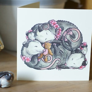 OPOSSUM greeting card / cute printed watercolour design by York artist J Chappell / anniversary, wedding, for her / sleeping virginia possum