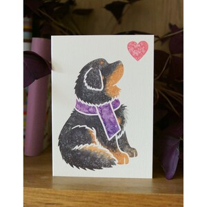 May include: A greeting card featuring a black and brown dog with a purple scarf looking up at a pink heart.