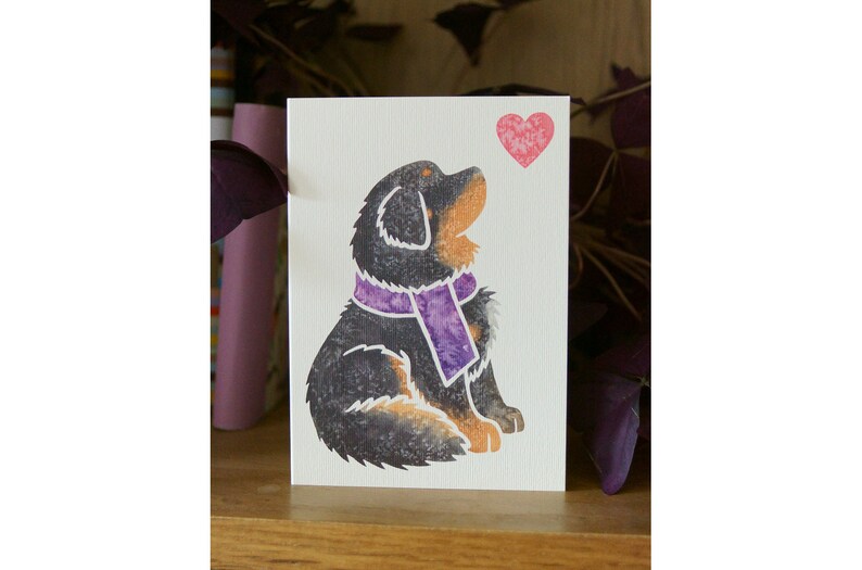 May include: A greeting card featuring a black and brown dog with a purple scarf looking up at a pink heart.