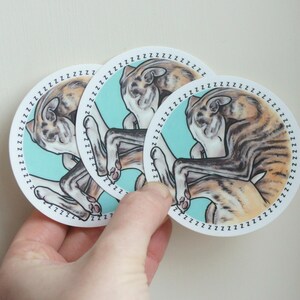 A hand holding up three sleeping Whippet dog stickers against a beige background