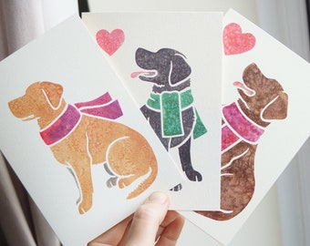 LABRADOR RETRIEVER note cards / yellow, black, chocolate /printed watercolour design / gift, greeting, thankyou, pet loss, condolence, bday