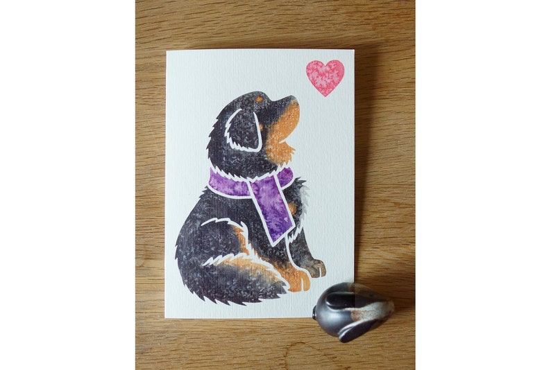 May include: A greeting card featuring a black and brown dog wearing a purple scarf and looking up at a pink heart.
