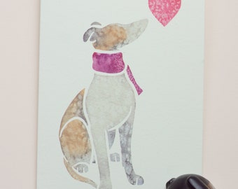May include: A watercolor painting of a grey and brown dog wearing a pink scarf, looking up at a pink heart.