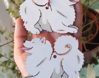 Cute SAMOYED white spitz dog handpainted wooden christmas tree decoration by York animal artist Jess Chappell
