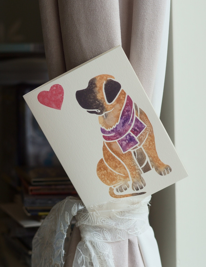 May include: A watercolor illustration of a brown dog wearing a purple scarf, sitting and looking to the left. A red heart is in the background.