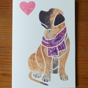 May include: A watercolor illustration of a brown dog wearing a purple scarf. The dog is sitting and looking to the left. A pink heart is in the upper left corner of the image.