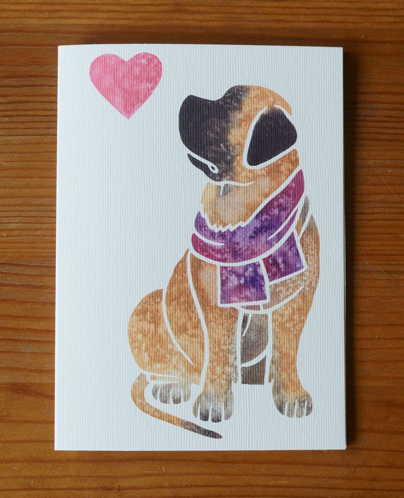 May include: A watercolor illustration of a brown dog wearing a purple scarf. The dog is sitting and looking to the left. A pink heart is in the upper left corner of the image.