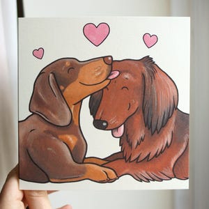DACHSHUND longhaired smoothcoat doxies greeting card / design by York animal artist, birthday, anniversary, wedding, for her, congrats