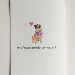 May include: A watercolor illustration of a brown dog wearing a purple scarf, looking up at a pink heart. The text "http://www.animalartbyjess.co.uk" is below the dog.