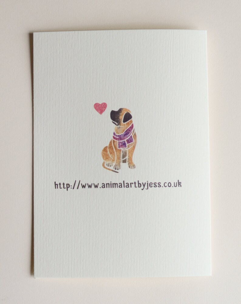 May include: A watercolor illustration of a brown dog wearing a purple scarf, looking up at a pink heart. The text "http://www.animalartbyjess.co.uk" is below the dog.