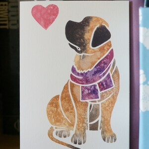 May include: A watercolor illustration of a brown dog wearing a purple scarf. The dog is sitting and looking to the left. A pink heart is in the top left corner of the image.