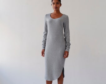 Sweater Dress, Grey Knit Dress, Long Sleeve Dress, Stretchy Dress, Midi Dress, Knee Length Dress, Soft Dress, Neutral Dress, Minimal Dress