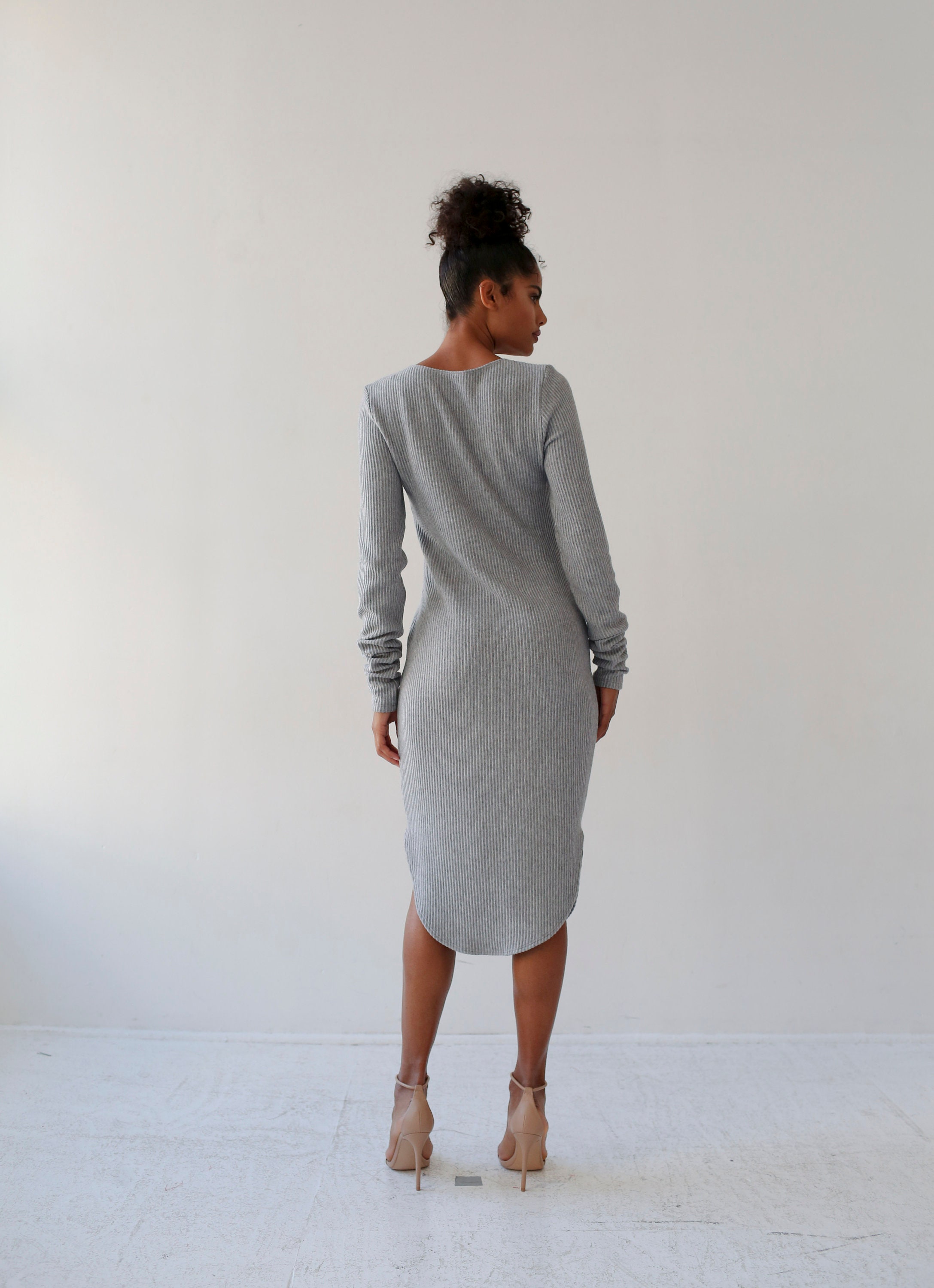 Grey ribbed dress long sleeve online