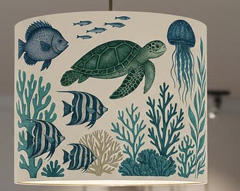 Handmade lampshade “Under the Sea” – Maritime design with turtle & corals