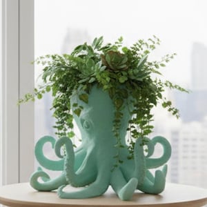 Pode incluir: Um vaso em forma de polvo turquesa preenchido com várias plantas verdes e suculentas. O vaso tem um design detalhado com tentáculos e uma superfície texturizada. As plantas caem em cascata pelas laterais, criando uma peça decorativa única.