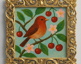 Hand-painted mini painting "Robin on Cherry Branch" in a decorated gold frame gift