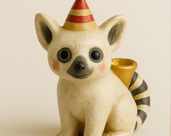 Lemur Candle Holder • Handmade Decorative Figurine • Vintage Look Animal Figurine • Lemur Party Hat • Gift Idea • Artwork Figurine for Table & Living Room