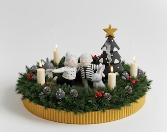 Advent wreath with hand-painted figures – handmade winter decoration
