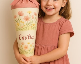 School cone flowers meadow, candy cone, school enrollment girl, nature motif, personalized, back to school gift, handmade, with name