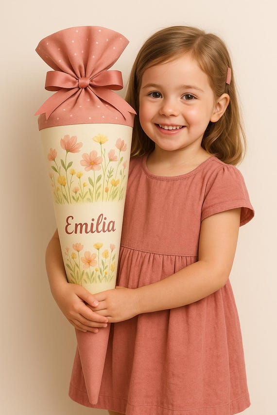 School cone flowers meadow, candy cone, school enrollment girl, nature motif, personalized, back to school gift, handmade, with name