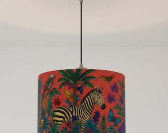 Tropical lampshade with zebra & flora – Handmade hanging lamp in red, exotic design, luxurious home lighting