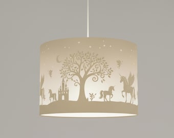 Unicorn lampshade for children's rooms – Fairytale hanging lamp with castle, fairies & magic tree – Soft warm light