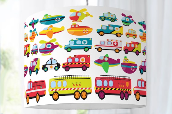 Lampshade nursery cars traffic excavator construction site fire department ambulance police children lamp