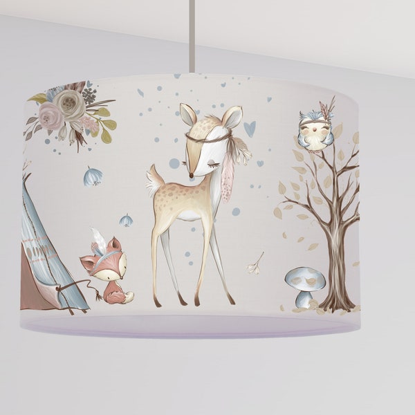 Lampenschirm kinder zimmer Bio Stoff , Reh Tipee Hase, Kinderlampe Waldtiere boho