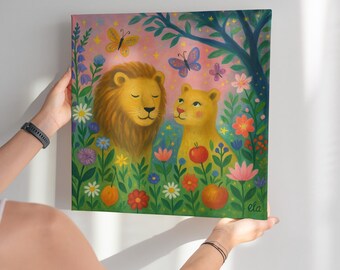 Original painting "Lions in a blooming garden" – Hand-painted on canvas | Poetic animal art with butterflies