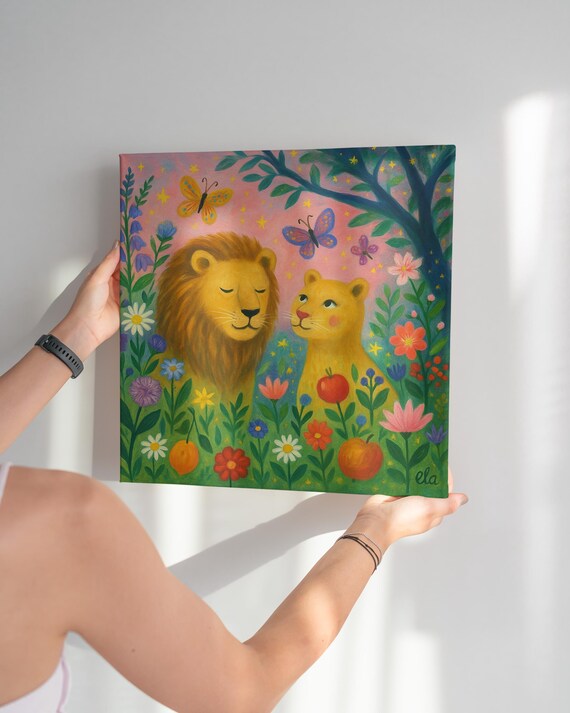 Original painting "Lions in a blooming garden" – Hand-painted on canvas | Poetic animal art with butterflies