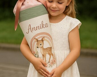 School cone deer, candy cone, flowers, rainbow, first day of school girl, forest animals, personalized, back to school gift, with name