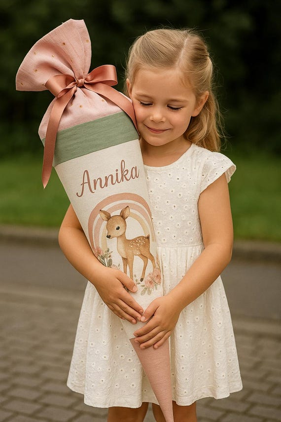 School cone deer, candy cone, flowers, rainbow, first day of school girl, forest animals, personalized, back to school gift, with name