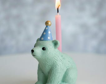 Bear Candle Holder Birthday - Handmade Animal Figurine with Party Hat, Birthday Candle for Children, Unique Table Decoration