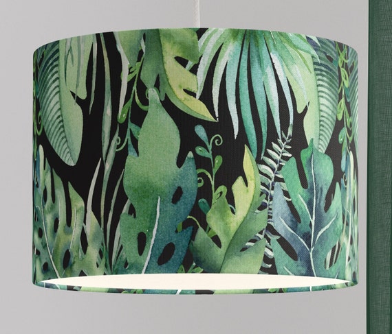 Tropical Lampshades - Natural Jute Drum Lampshades with Green Leaf Print Ideal for Table and Floor Lamps - Handmade