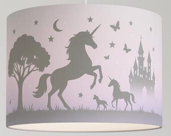 Unicorn lampshade for children's rooms – Fairytale hanging lamp with castle, fairies & magic tree – Soft warm light