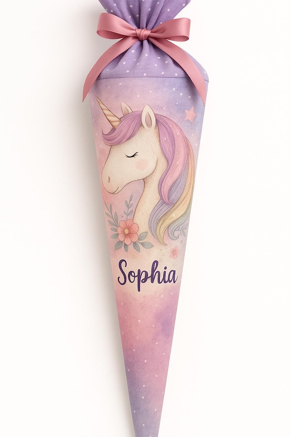 School cone unicorn, candy cone, pink, glitter, rainbow, school enrollment girl, back to school gift, personalized, with name, magic